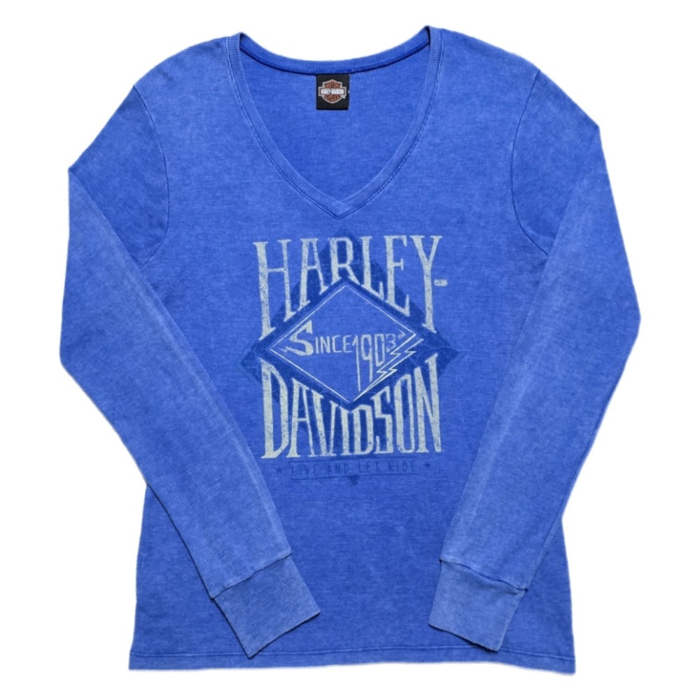 Women's Barnett Harley Davidson Manitowoc Wisconsin Long Sleeve Shirt Sz XL Blue